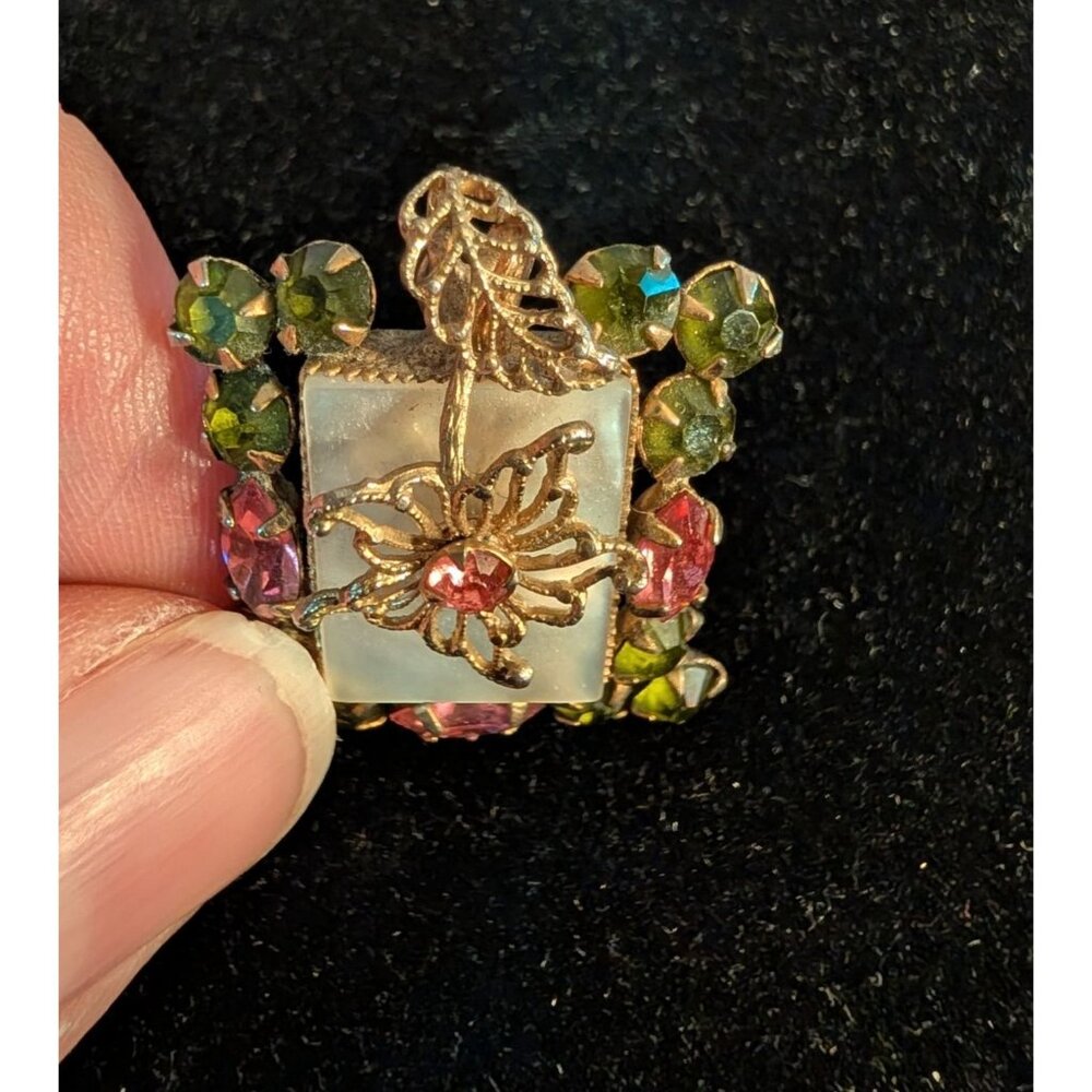 Vintage Pink Green Rhinestone Brooch Pendant Filigree Flower Mother of Pearl - Picture 5 of 14